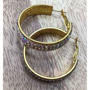 Beautiful Women's Hoop Earrings Yellow Gold Tone With Aurora Rainbow Rhinestones